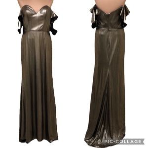 NWOT Simply Formal Gold Black Metallic Ruffle Off Shoulder Sheath Gown Size 14